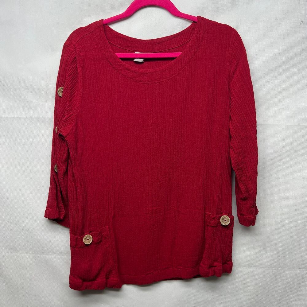 Focus Vintage Linen Cotton Blend Red 3/4 Sleeve Women's Top Size Large